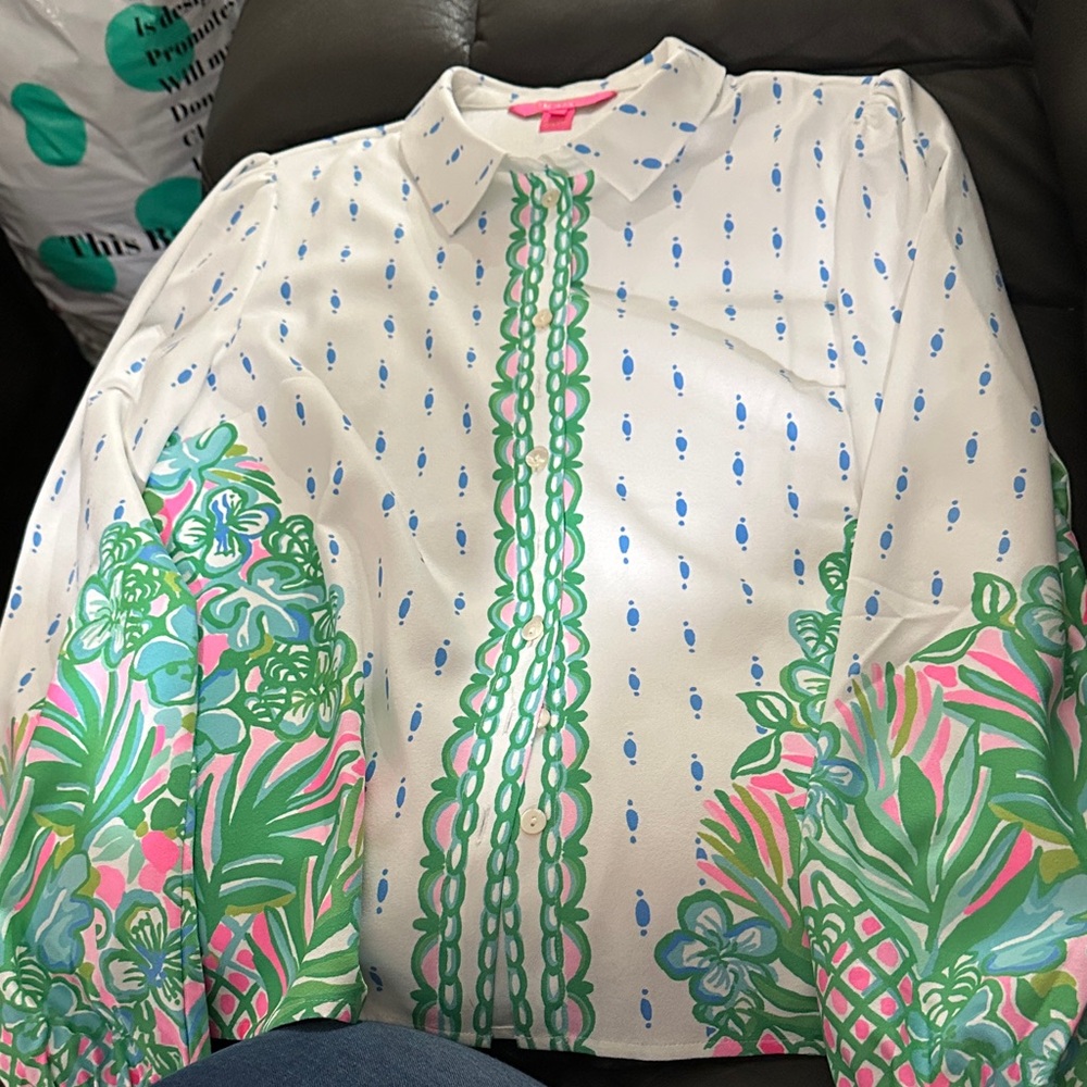 Lilly Pulitzer Tavia White Blouse with Green and Blue Accents, Medium